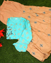 Firozi Coloured Cotton Block Print With Hand Work Kurti Set